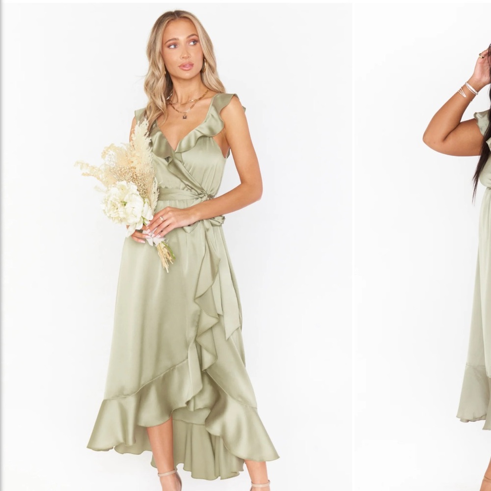 Show Me Your Mimi Samantha Ruffle Wrap Dress in Moss Green Luxe Satin